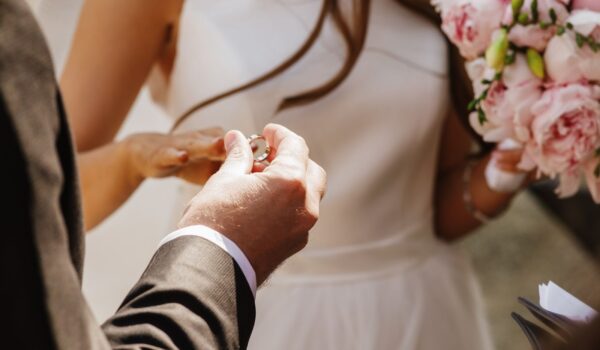 Groom puts wedding ring on bride's hand